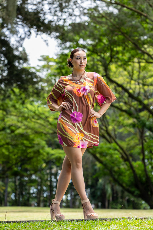 Baby Doll Dress Hibiscus Trio Brown