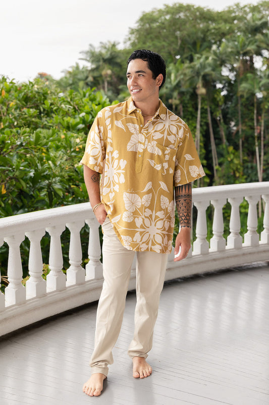 Menʻs Aloha Shirt Mustard Kalo Quilt