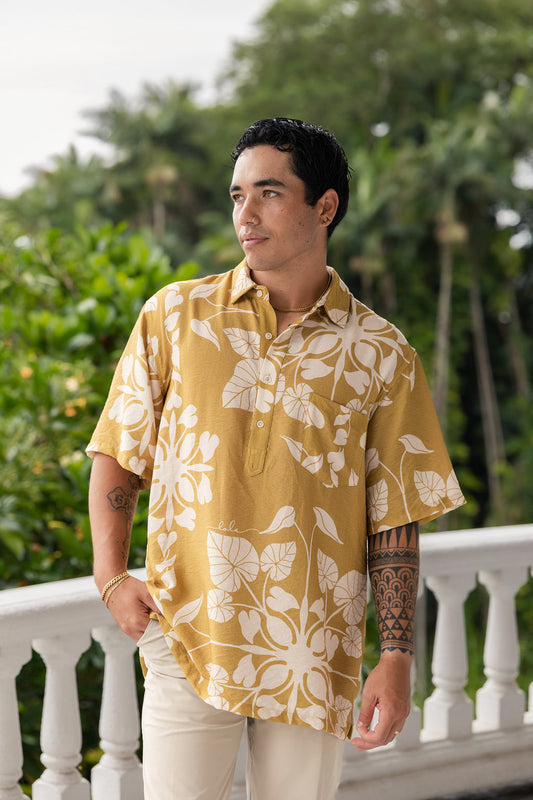 Menʻs Aloha Shirt Mustard Kalo Quilt