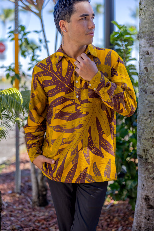 Menʻs Long Sleeve Aloha Shirt Lauaʻe Brown/Mustard