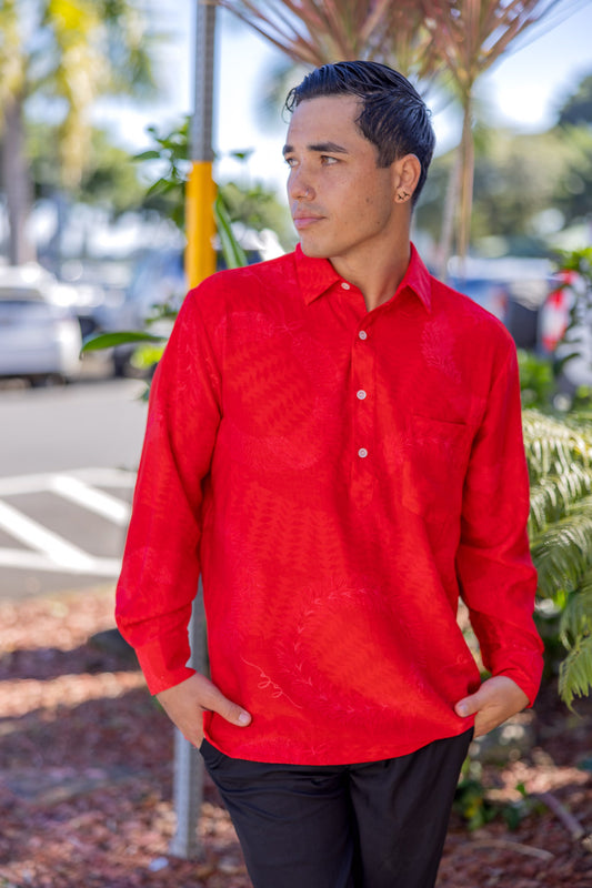 Menʻs Long Sleeve Aloha Shirt Lei Hulu Red