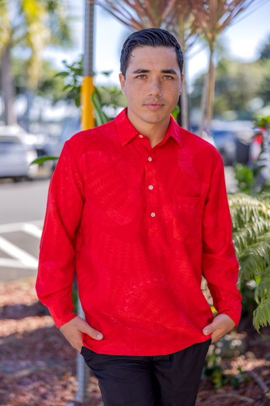 Menʻs Long Sleeve Aloha Shirt Lei Hulu Red