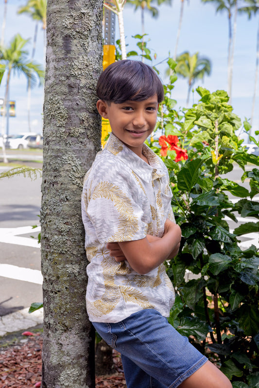 Boys Aloha Shirt White Lei Hulu