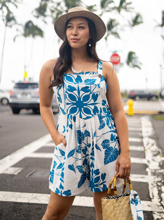 Shorty Overalls White/Blue Kalo Quilt