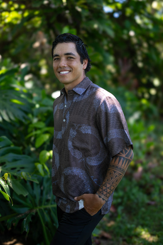 Menʻs Aloha Shirt Gray/Lavender Lei Hulu