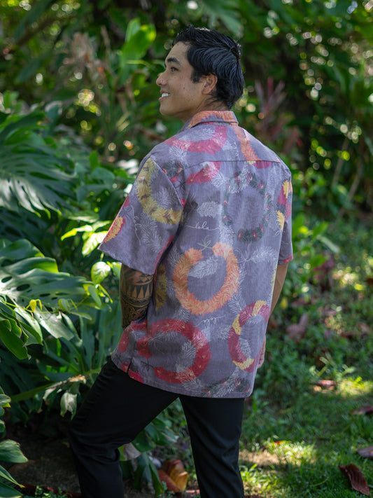 Menʻs Cotton Aloha Shirt Grey/Multicolor Lei Hulu