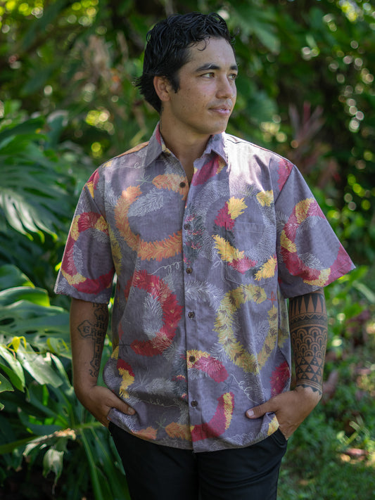 Menʻs Cotton Aloha Shirt Grey/Multicolor Lei Hulu