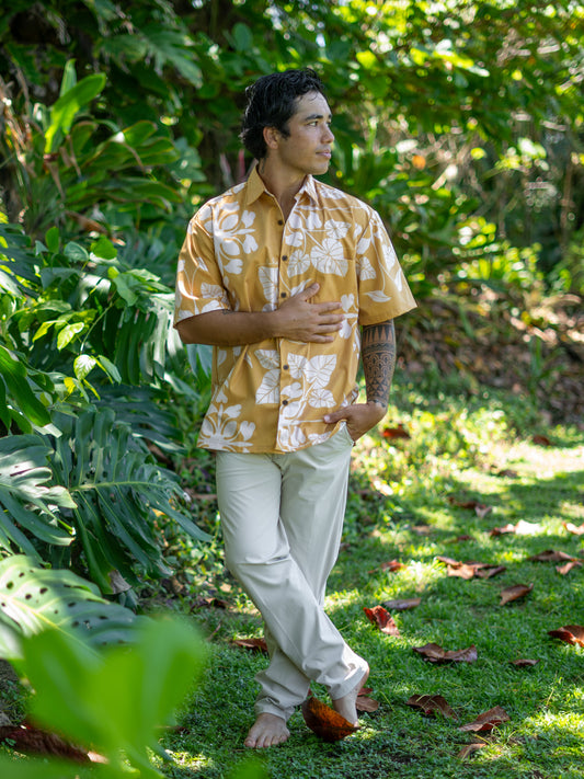 Menʻs Cotton Aloha Shirt Mustard Kalo Quilt