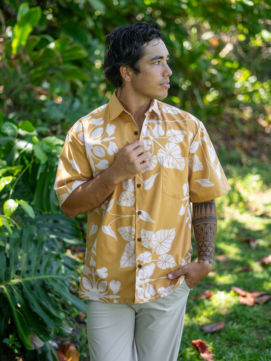 Menʻs Cotton Aloha Shirt Mustard Kalo Quilt