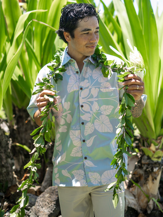Menʻs Cotton Aloha Shirt Blue Kalo Quilt
