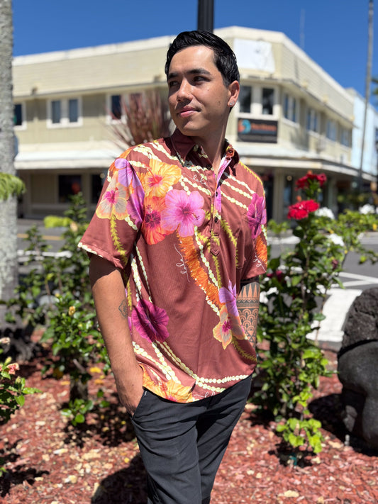 Menʻs Aloha Shirt Hibiscus Trio Brown