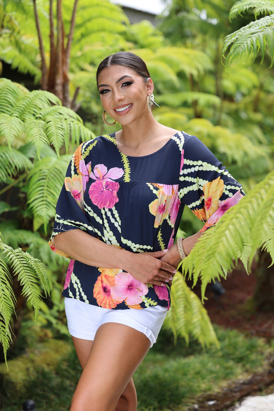 Baby Doll Blouse Hibiscus Trio Black