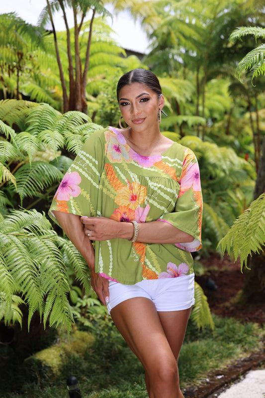Baby Doll Blouse Hibiscus Trio Green