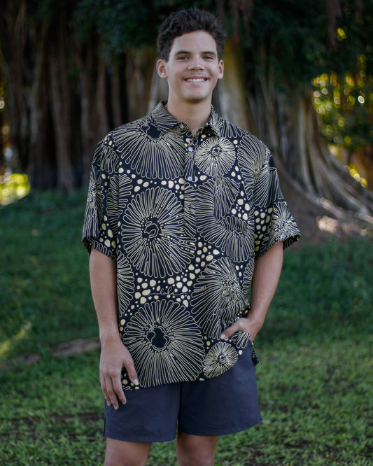 Menʻs Aloha Shirt Black Opihi