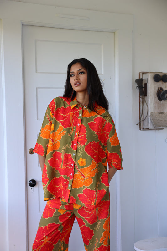 Lisa Pants Set Red/Green Hibiscus