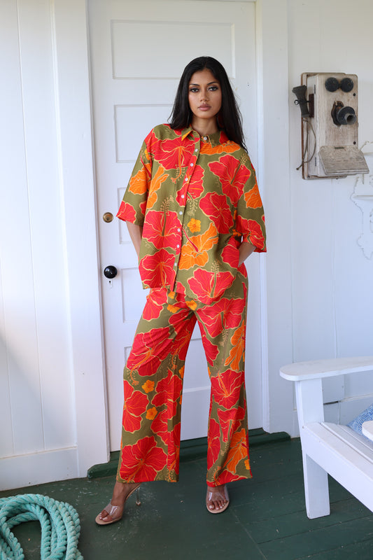 Lisa Pants Set Red/Green Hibiscus