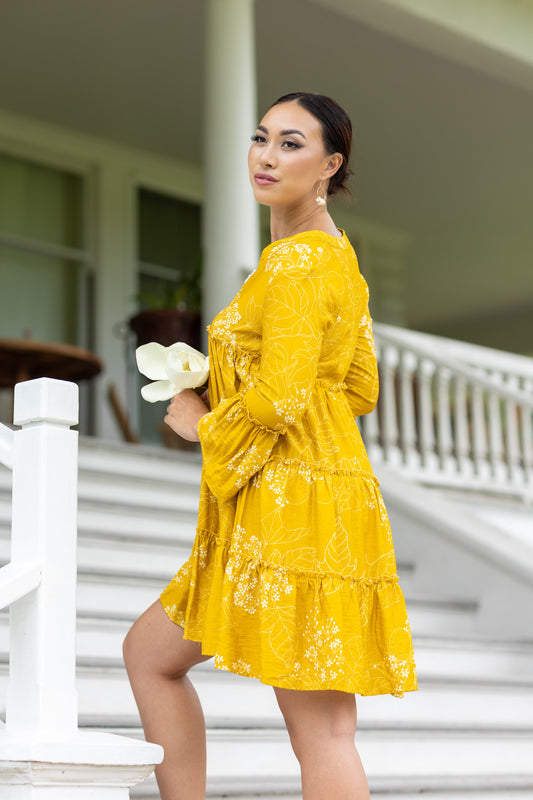 Shanel Dress Mustard Kukui Blossom