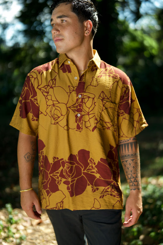 Menʻs Aloha Shirt Lei Kiele Maroon/Brown