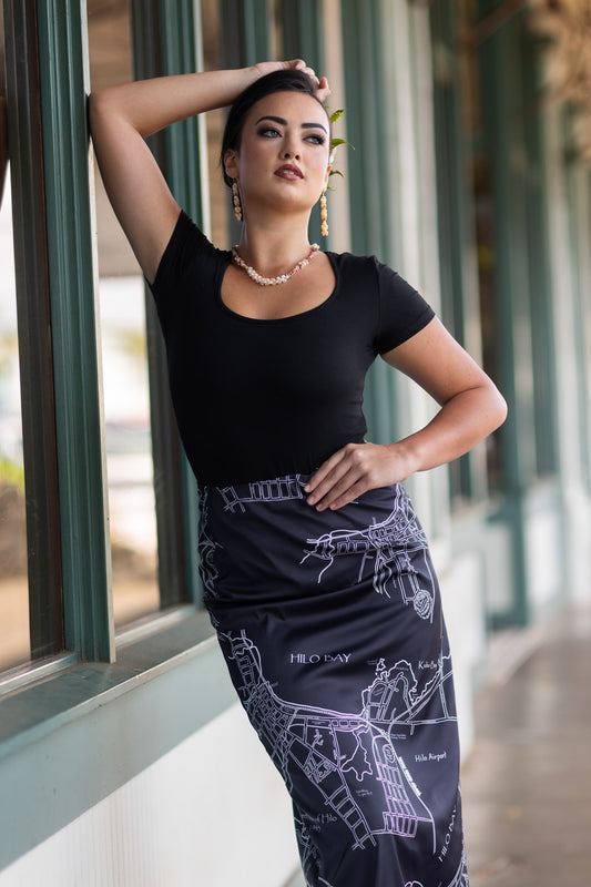 Pencil Skirt Hilo Vintage Map Black/White