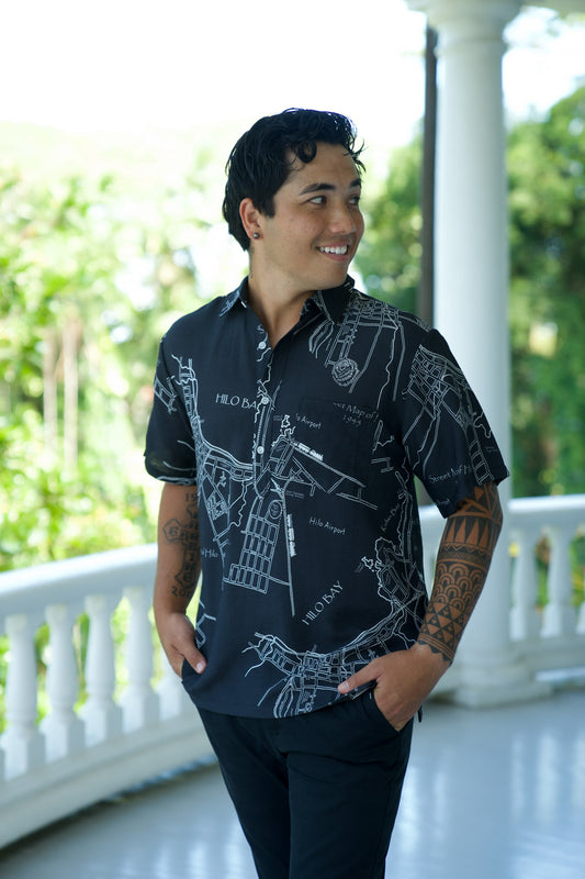Menʻs Aloha Shirt Hilo Vintage Map